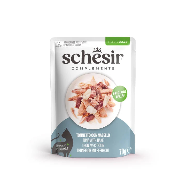 Schesir Cat Pouch Atún con Merluza en Gelatina 70g | Comida Húmeda Complementaria para Gatos