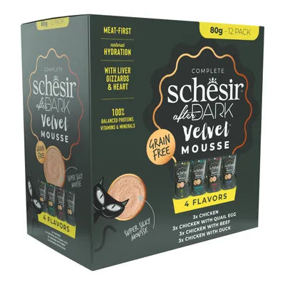 Schesir After Dark Velvet Mousse Pack Mix 12x80g | Alimento Completo Húmedo sin Cereales para Gatos
