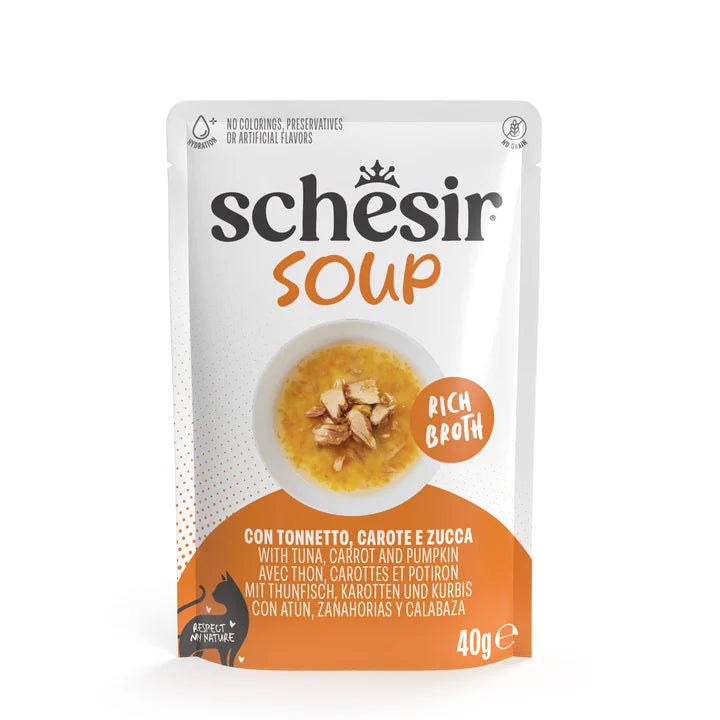 Schesir Cat Soup Atún y Calabaza 40g | Comida Húmeda Complementaria en Sopa para Gatos