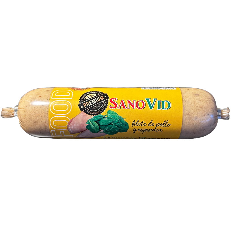 SANOVID perro salchicha pechuga de pollo y espinacas 300 gr