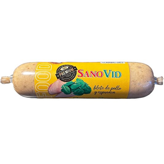 SANOVID perro salchicha pechuga de pollo y espinacas 300 gr