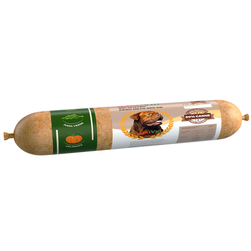 SANOVID perro salchicha pollo, judía verde y calabaza 500 gr